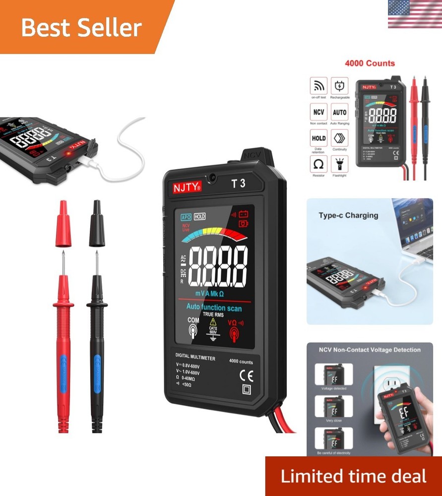 Versatile Rechargeable Multimeter - 4000 Counts, AC/DC Voltage & Resistance