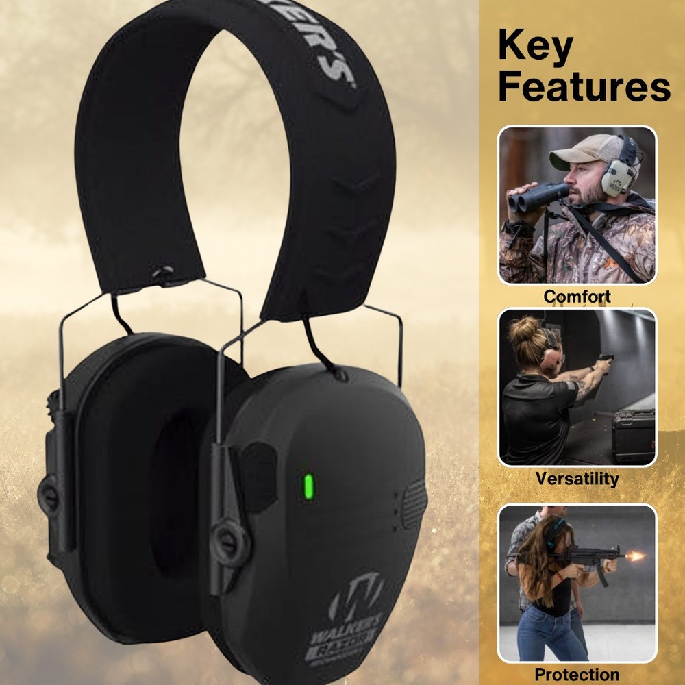 Walker's Razor Rechargeable Black Muff with Hearing Protection Case Bundle