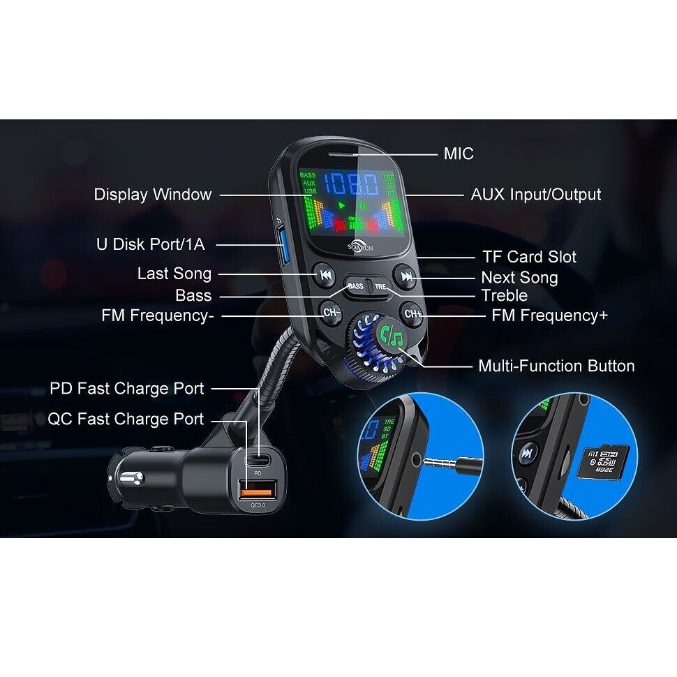 Bluetooth 5.3 MP3 Player Car Audio Quick Charger FM Transmitter Fast Charging