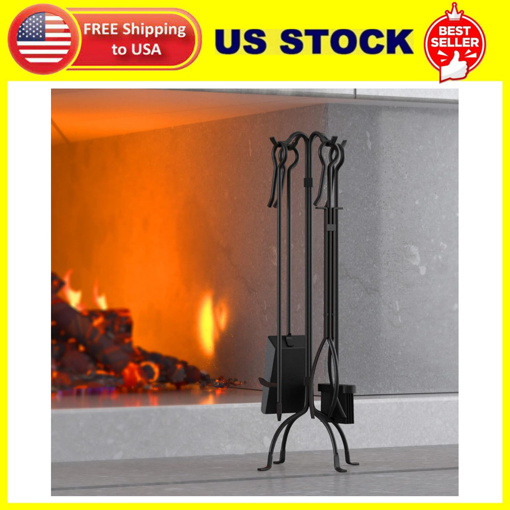 5-Piece Fireplace Tools Set, Heavy Duty Wrought Iron Fire Place Toolset, Black
