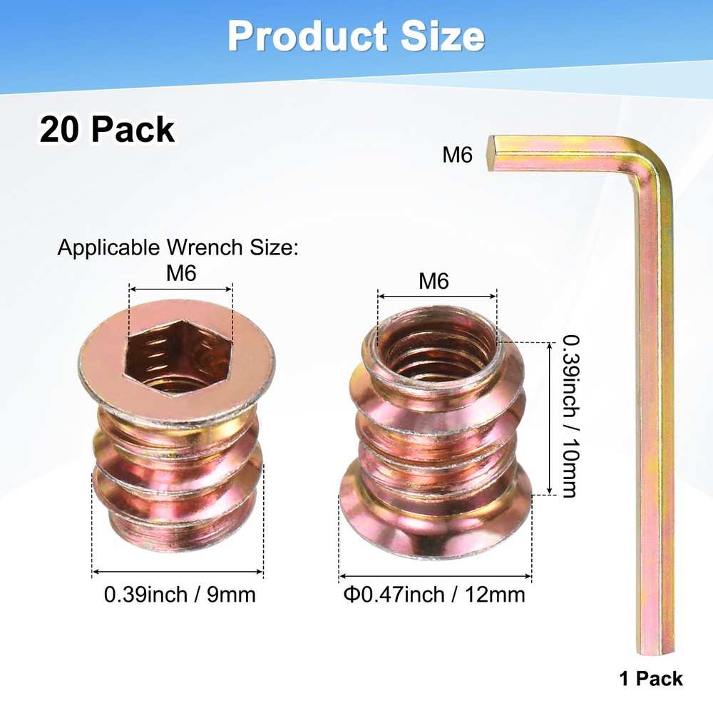 20-Pack Threaded Inserts for Wood, M6x10mm Insert Nuts with A Wrench [Gold Tone]