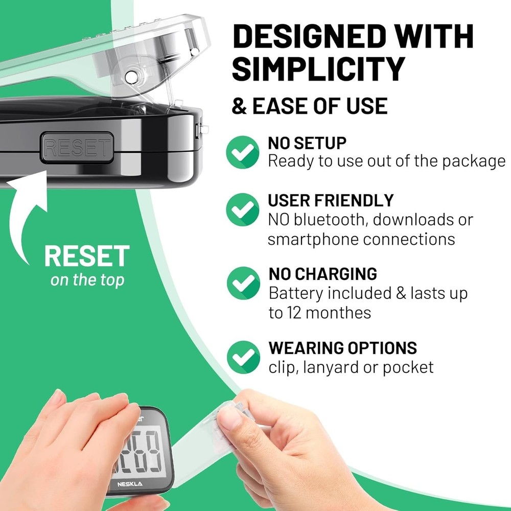 Neskla 3D Pedometer - Accurate Step Tracker with Large LCD Display, Lightweight