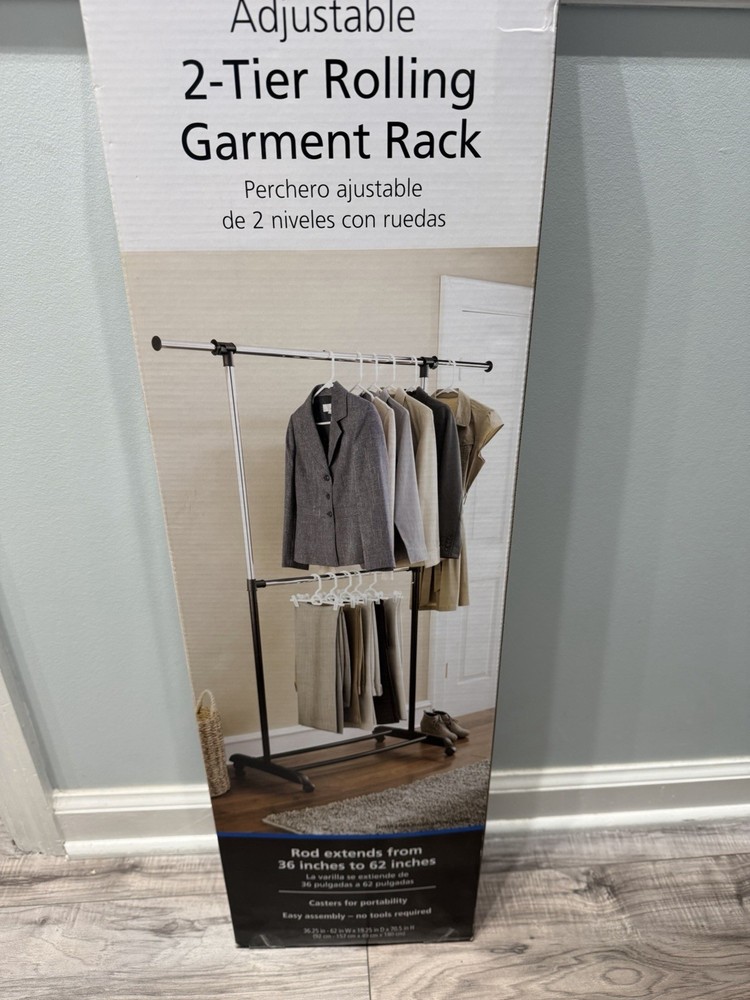 Mainstays Adjustable 2-Tier Rolling Garment Rack 36”-62” Extendable w/Casters