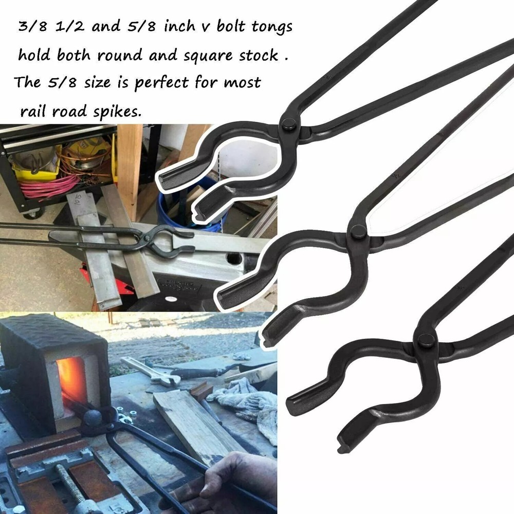 6 Pcs Blacksmith Tongs Set Anvil Forge Knife Making Tools Set V Bolt Flat Jaw