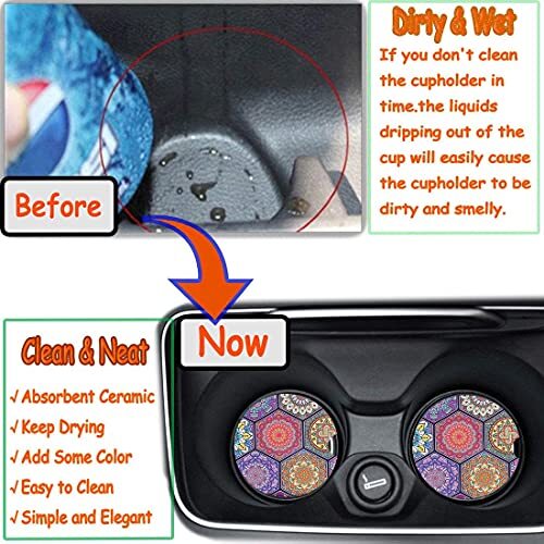 Car Coasters 2 Pack, 2.56 inch Absorbent Mandala Ceramic Car Cup Multi Purple