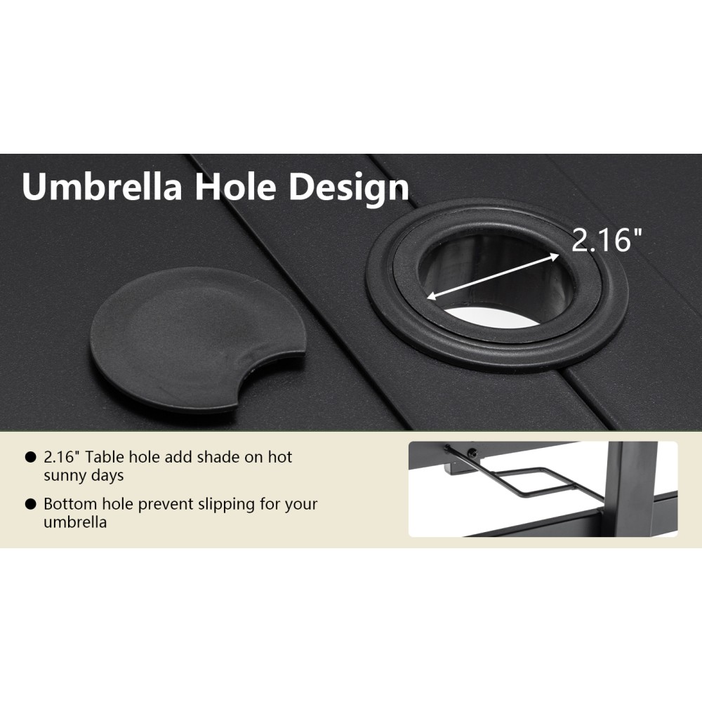 Rectangular Metal Patio Dining Table with Umbrella Hole Anti Slip Pads