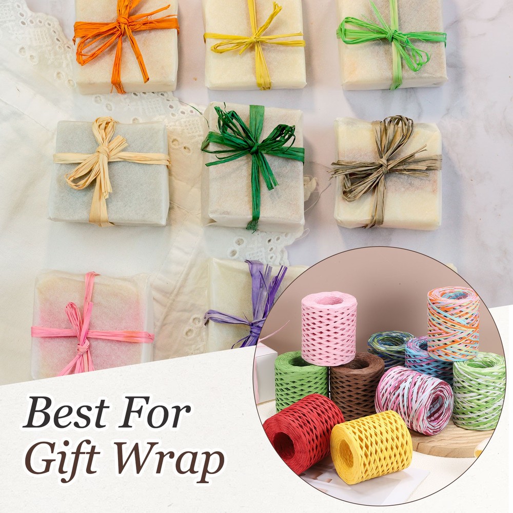 Raffia Ribbon, 164 Yard Natural Raffia Paper String, White, Green