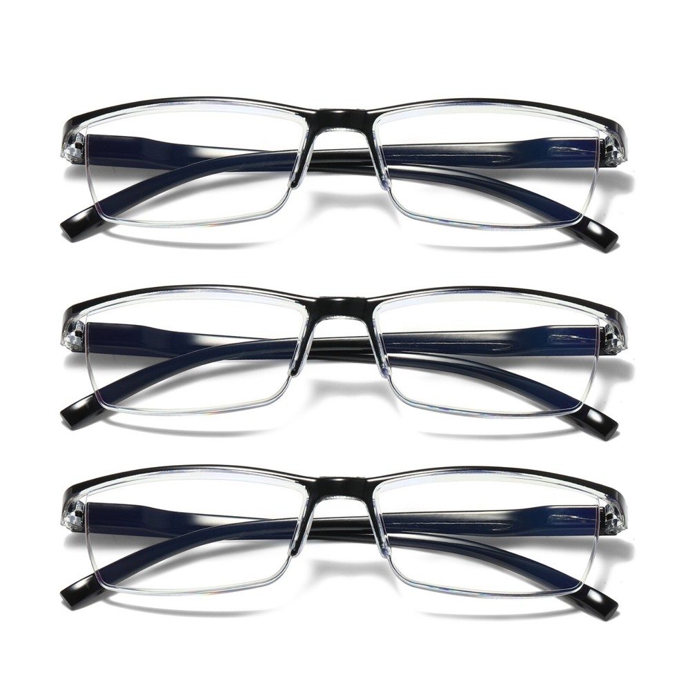 3 Pair Mens Rectangular Blue Light Blocking Reading Glasses Spring Hinge Readers
