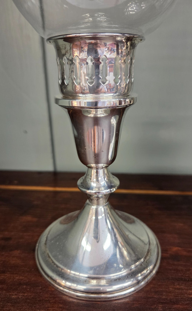 Pair Towle Sterling Silver Candlesticks Filagree Ferrule Inserts Etched Globes