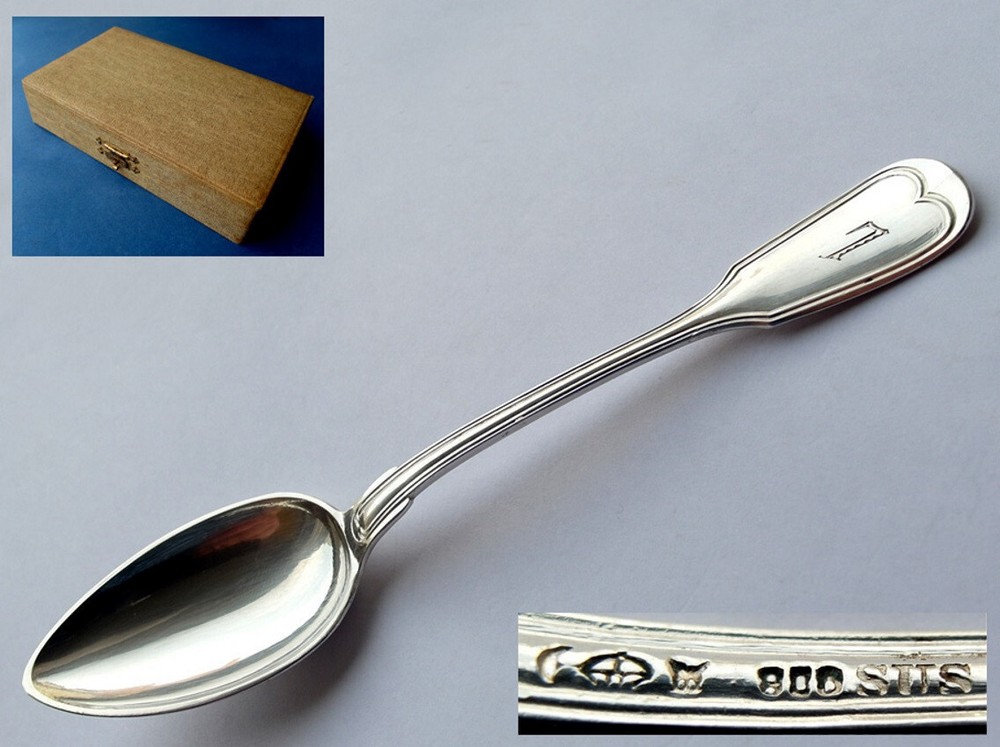 Set, 6 Tea Spoon, Thread Augsburger, Sus , 800er Silver, Um 1900 E558