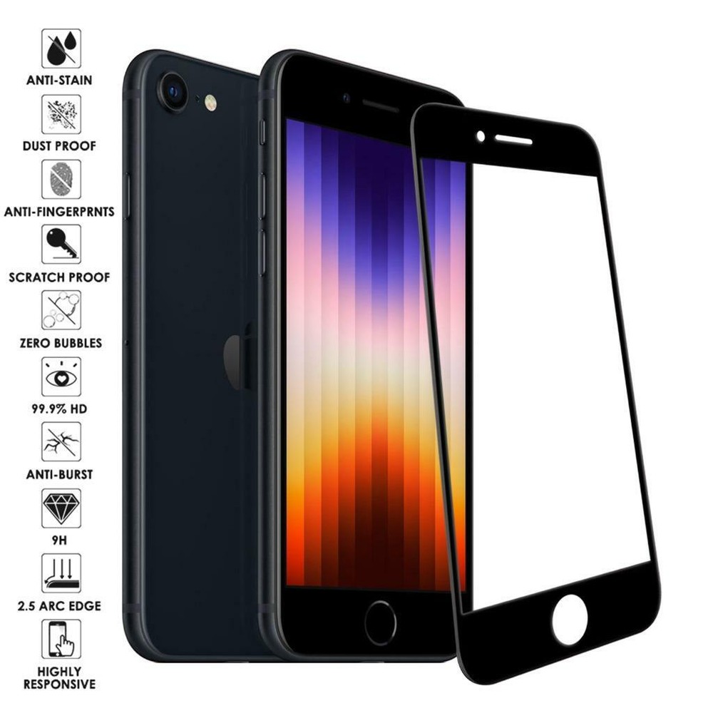 For iPhone SE 2022 2020 7 8 Full Coverage Tempered Glass Screen Protector Cover