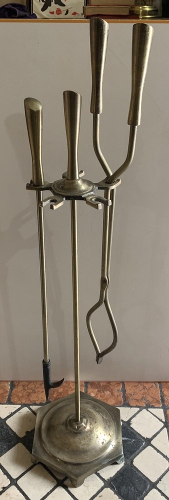 vintage cast iron brass fireplace set