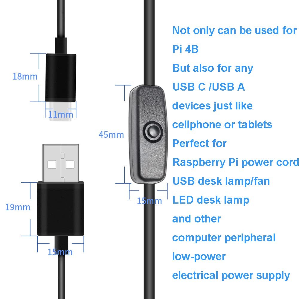 Type-C USB Cable for Raspberry Pi 4 B with ON/OFF Power Switch for Raspberry ...