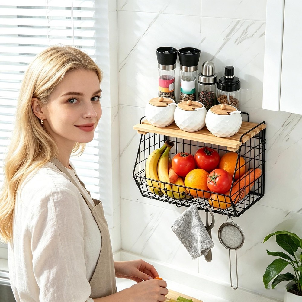 Stackable Wire Basket with Openable Top, Kitchen Counter Basket