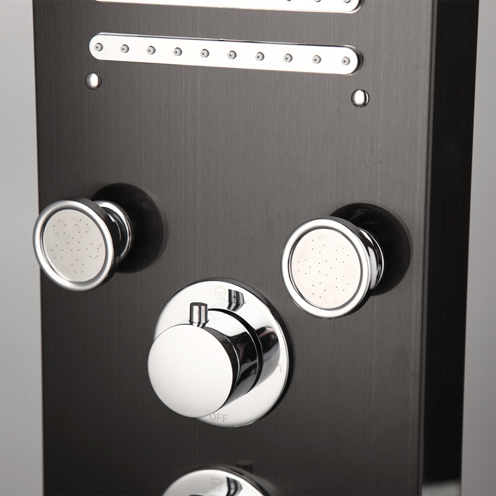 LED Black Shower Panel Rectangle Stainless Steel 6-Way Massage Shower Column Set