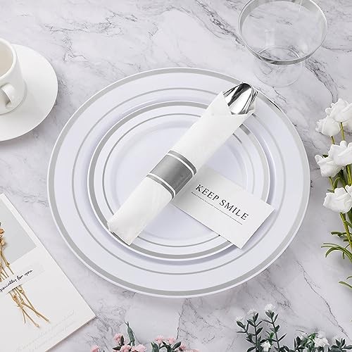 350PCS Plastic Dinnerware Set, Disposable Party Plates for 50 Guests Silver