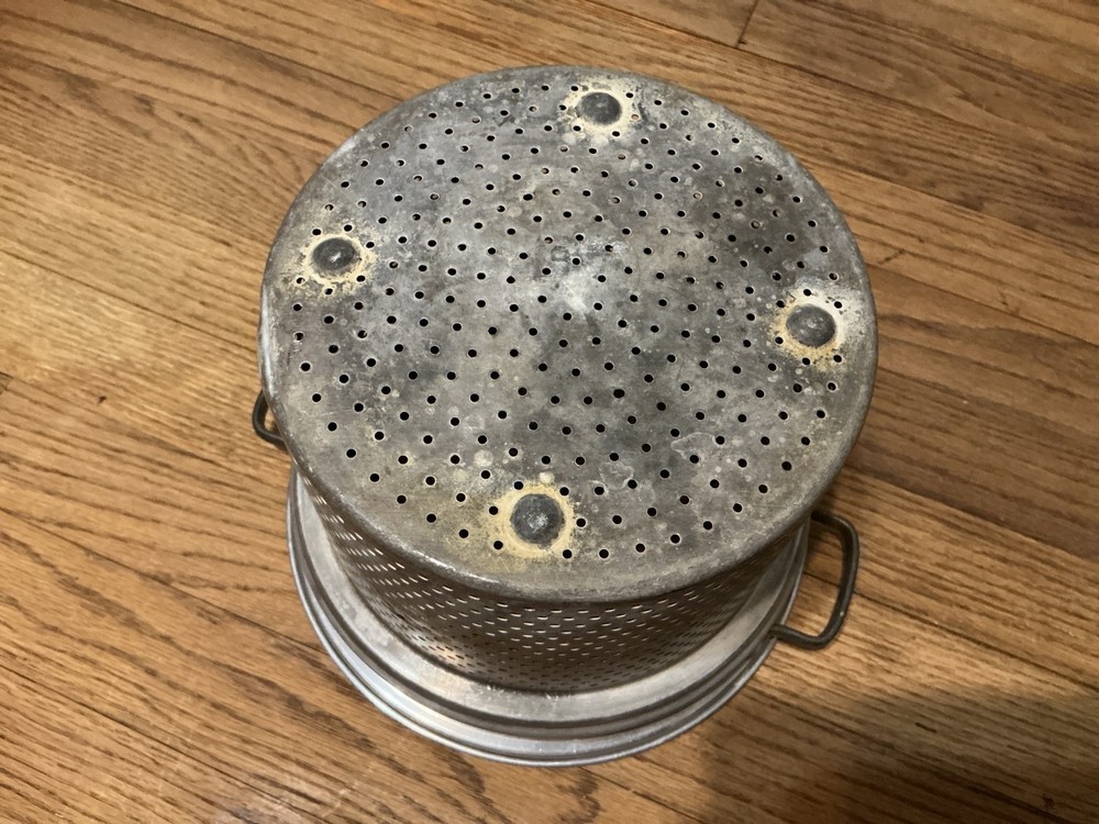 Vintage strainer, 9" diameter, 7" deep, aluminum