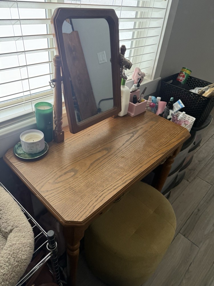 Brown Wooden Vanity Table with Rectangular Mirror, 1 Drawer