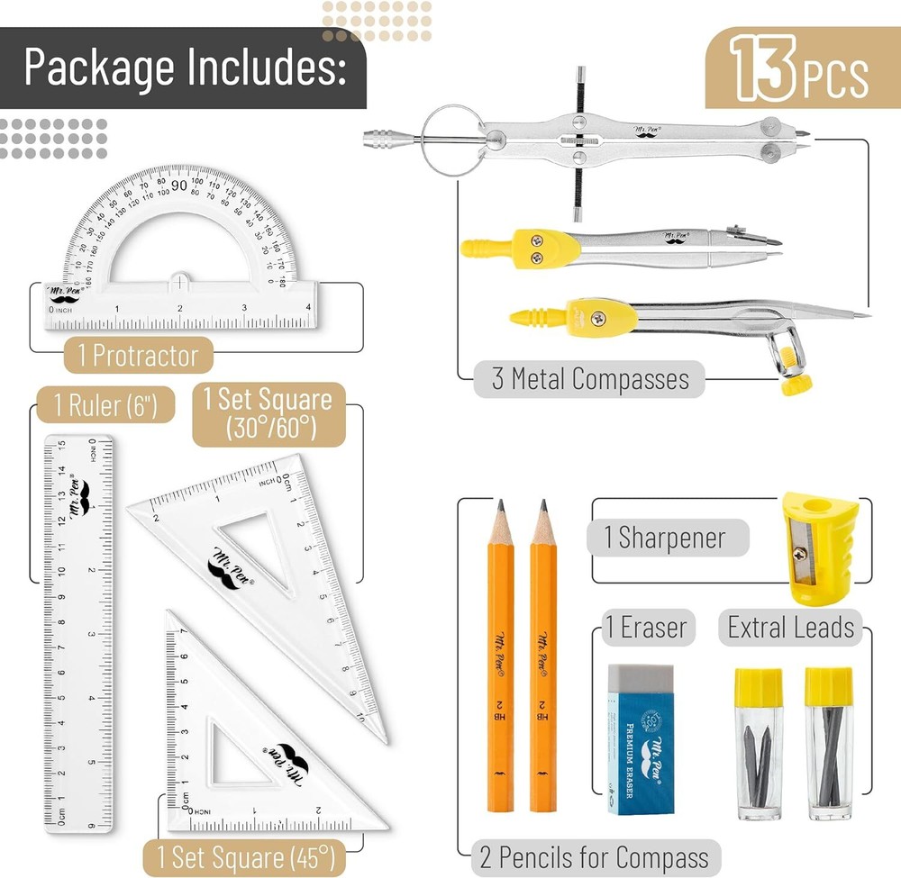 Mr. Pen- Geometry Set, 13 pcs, Compass for Compass, Yellow