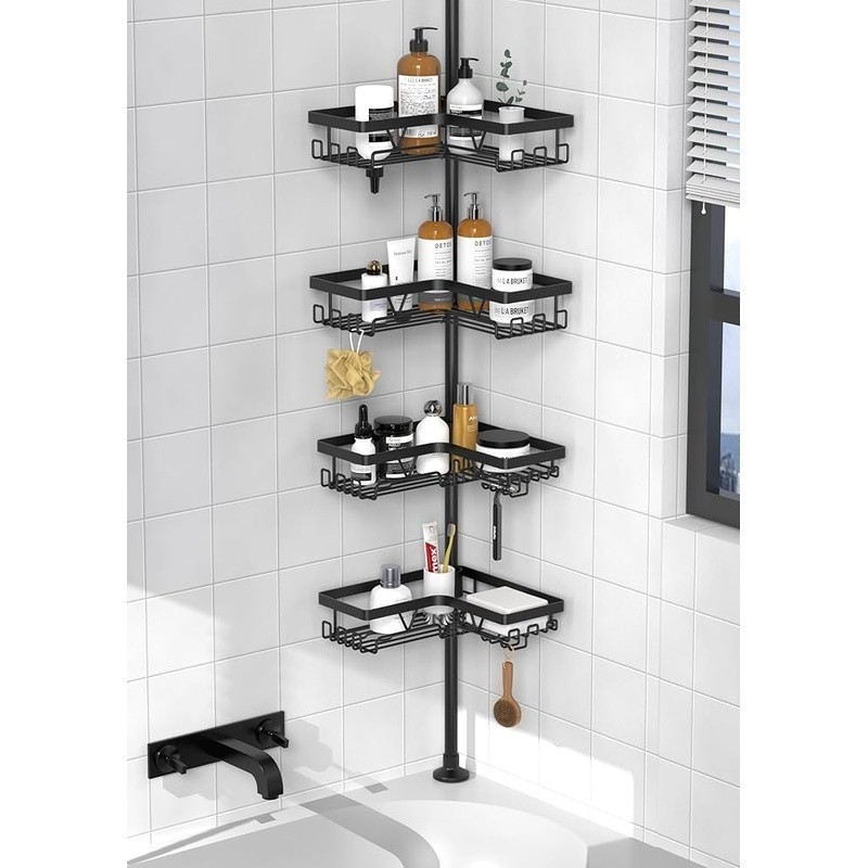 Adjustable Corner Shower Caddy Tension Pole W/ Hooks Rust Resistant Organizer US