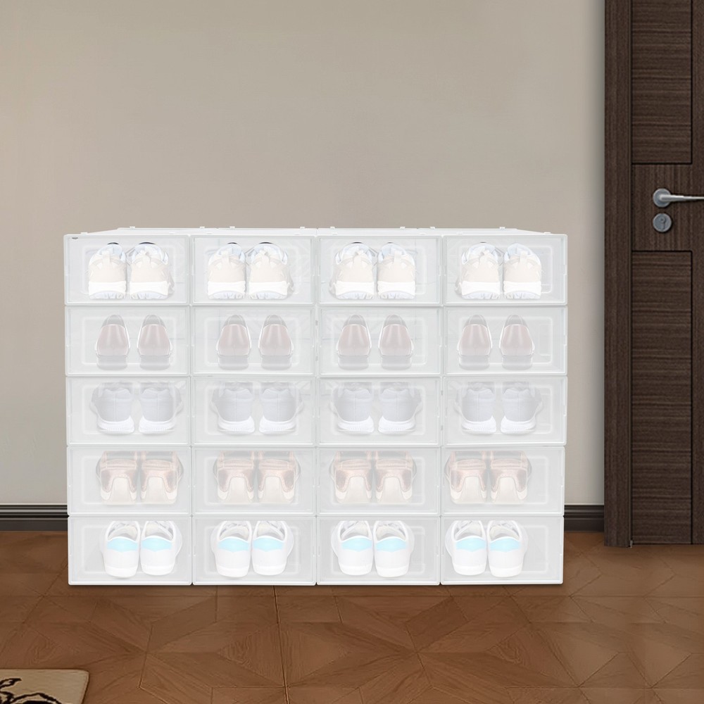 20 Pack White Plastic Shoe Boxes With Lids Stackable Storage Containers Organize