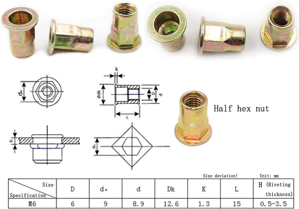 LBY 60Pcs Carbon Steel Rivet Nuts, M6 Thread Insert Nutsert (Half-Hexagonal) Riv