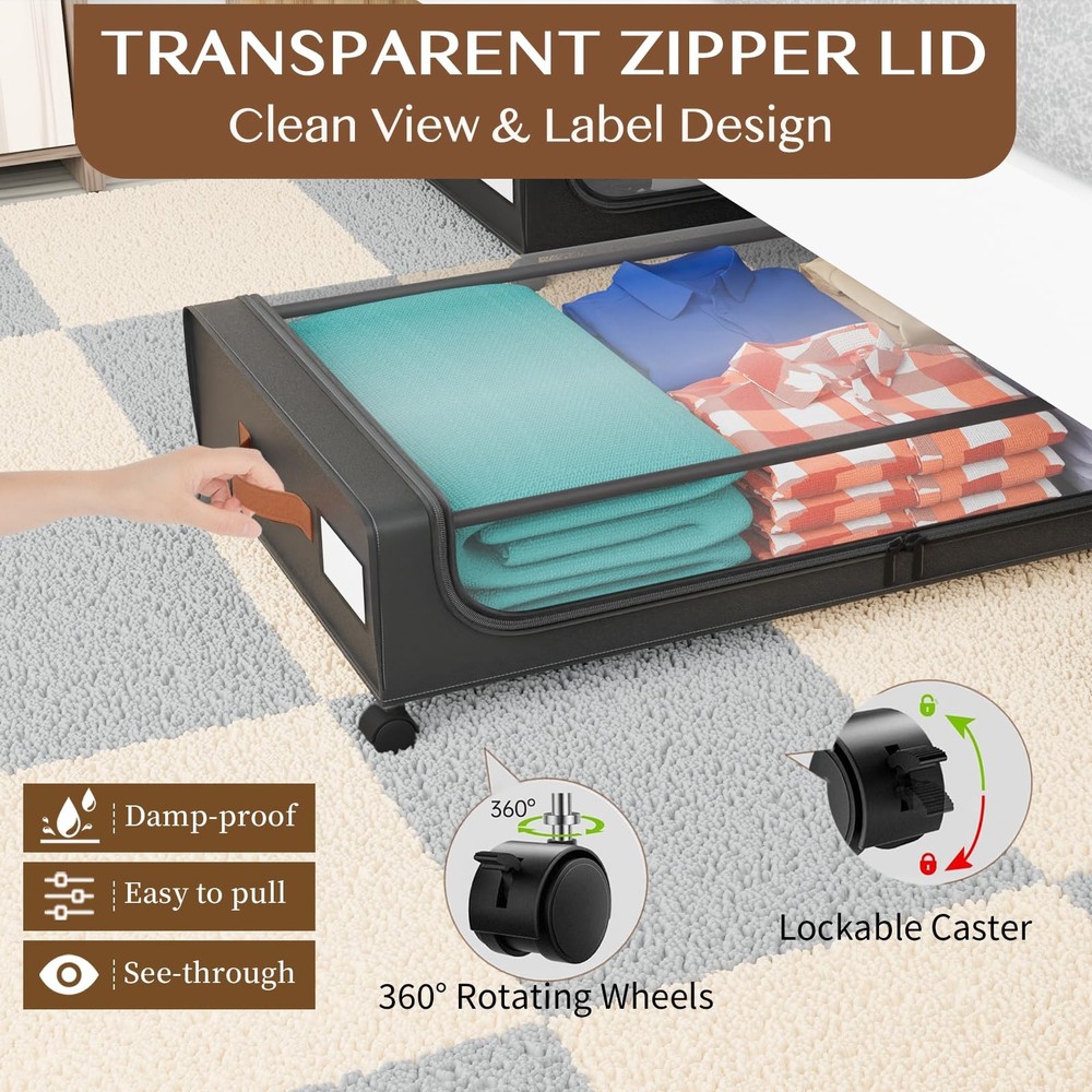 Under Bed Storage with Wheels, UnderBed Storage Containers with Clear Lid and...