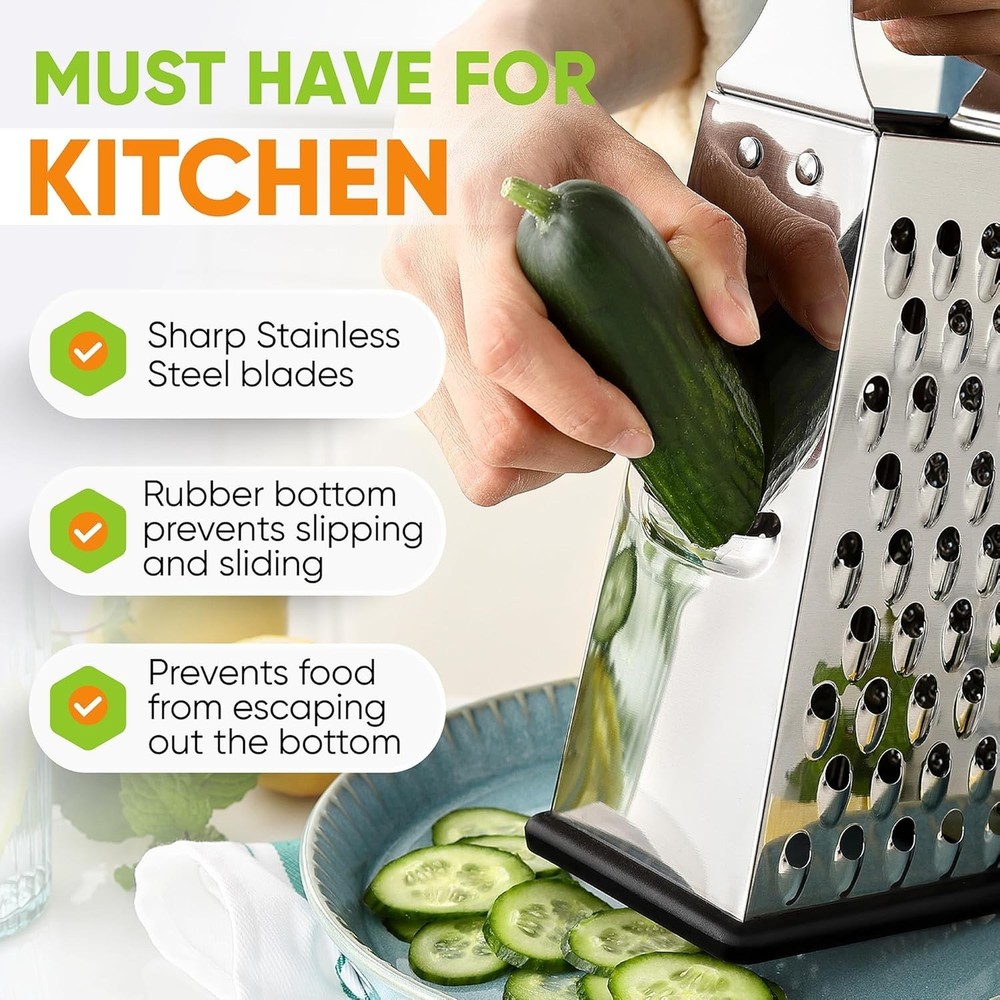 Professional Stainless Steel Parmesan Grater - 4 Sided Multi-Function Shredder