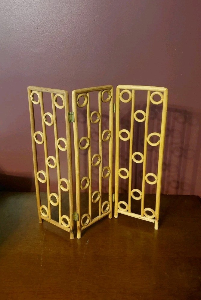 Vintage MCM 12" Small Wood Table Top 3 Panel Geometric Folding Screen Boho Chic
