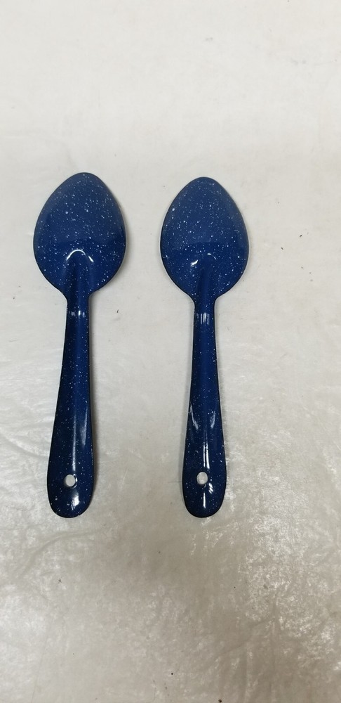 2 VTG ENAMELWARE BLUE WHITE SPECKLED TABLESPOONS 7"