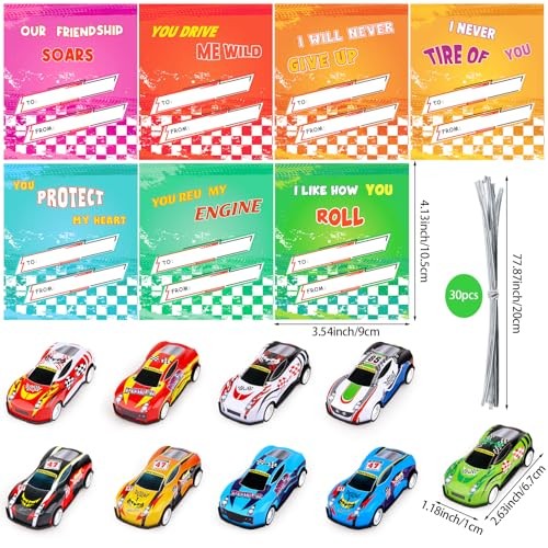 28 Pcs Valentins's Cards with Pull Back Car Valentines Day Cards Pull back car
