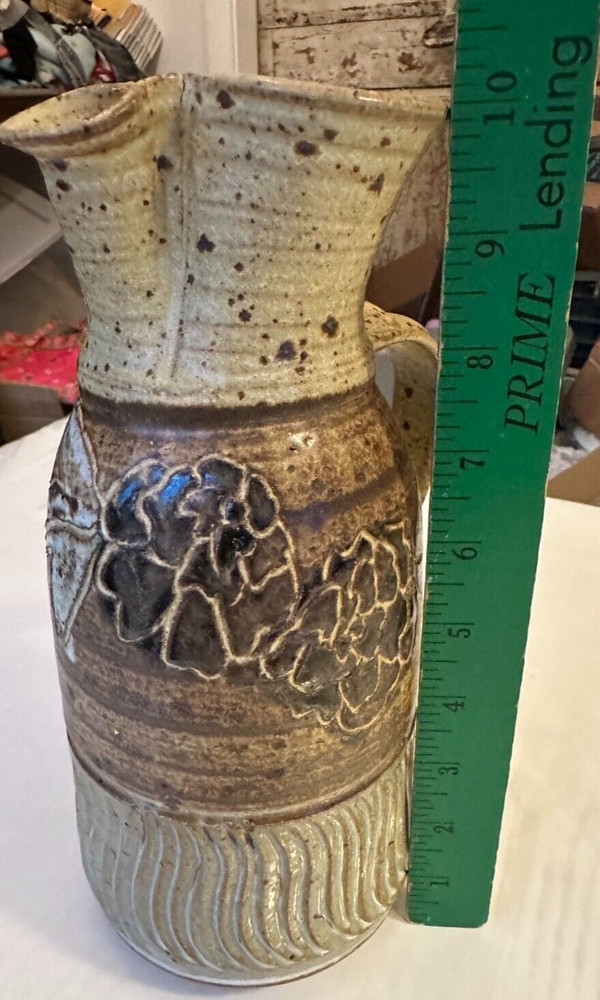 Catherine Cariaso Studio Handmade Signed Stoneware Pottery Pitcher Floral Design
