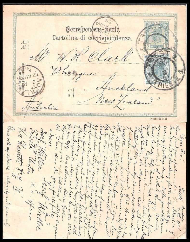 AUSTRIA 1901 POST CARD TO NZ (U/JF)