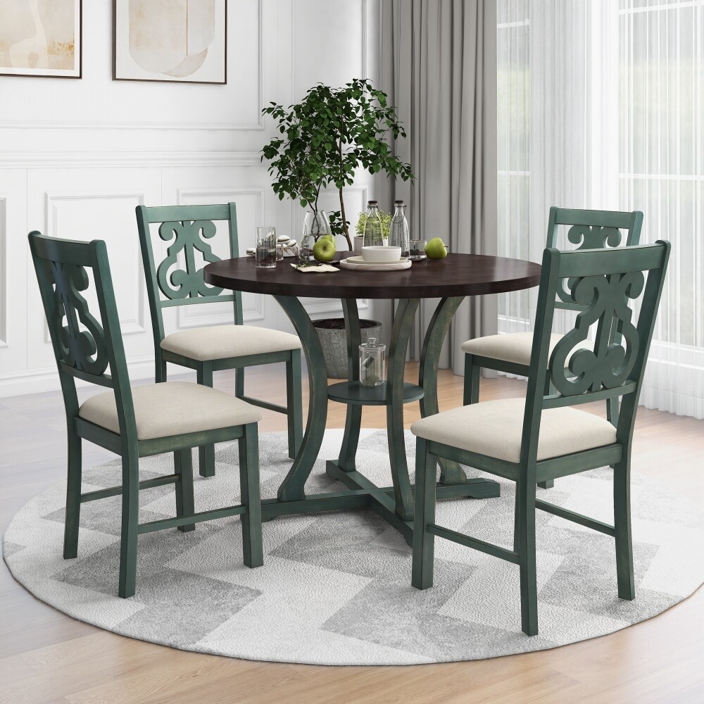 5pc Dining Set Round, Special-Shaped Legs, 4 Fabric Chairs, Antique Blue