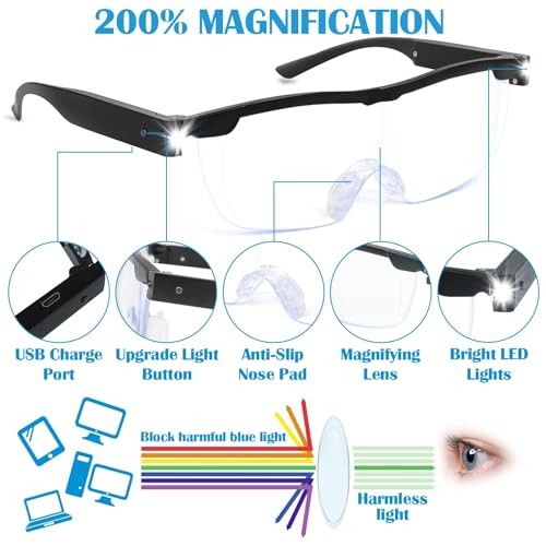 Magnifying Glasses with Light, 200% Magnification, USB Rechargeable LED Black