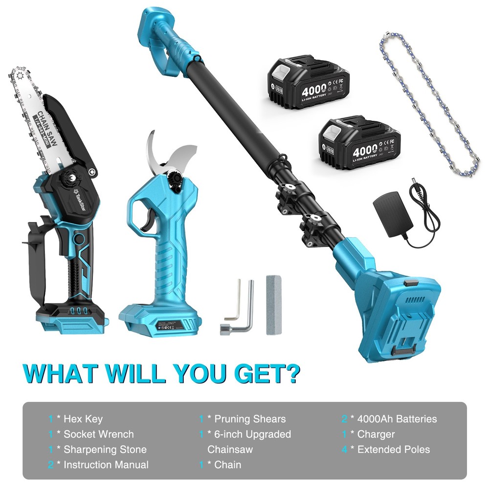 Taskstar Battery Powered Chain Saw 4-in-1 Pole Saw & Pruning Shears Combo Kit