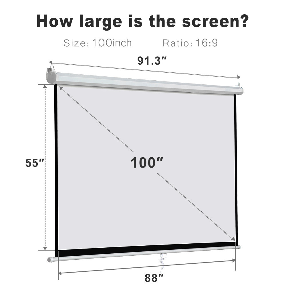 16:9 Home Movie 100" Manual Projection Screen Pull Down Projector Matte White