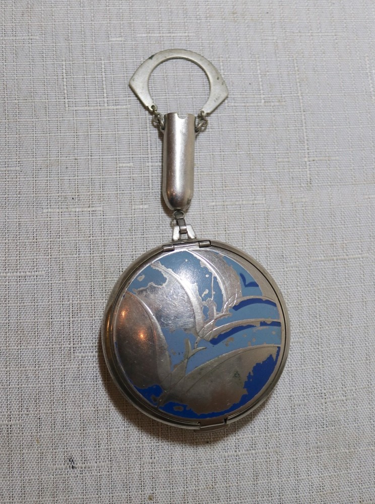 antique Art Deco silver plate enameled birds compact vanity case mirror box