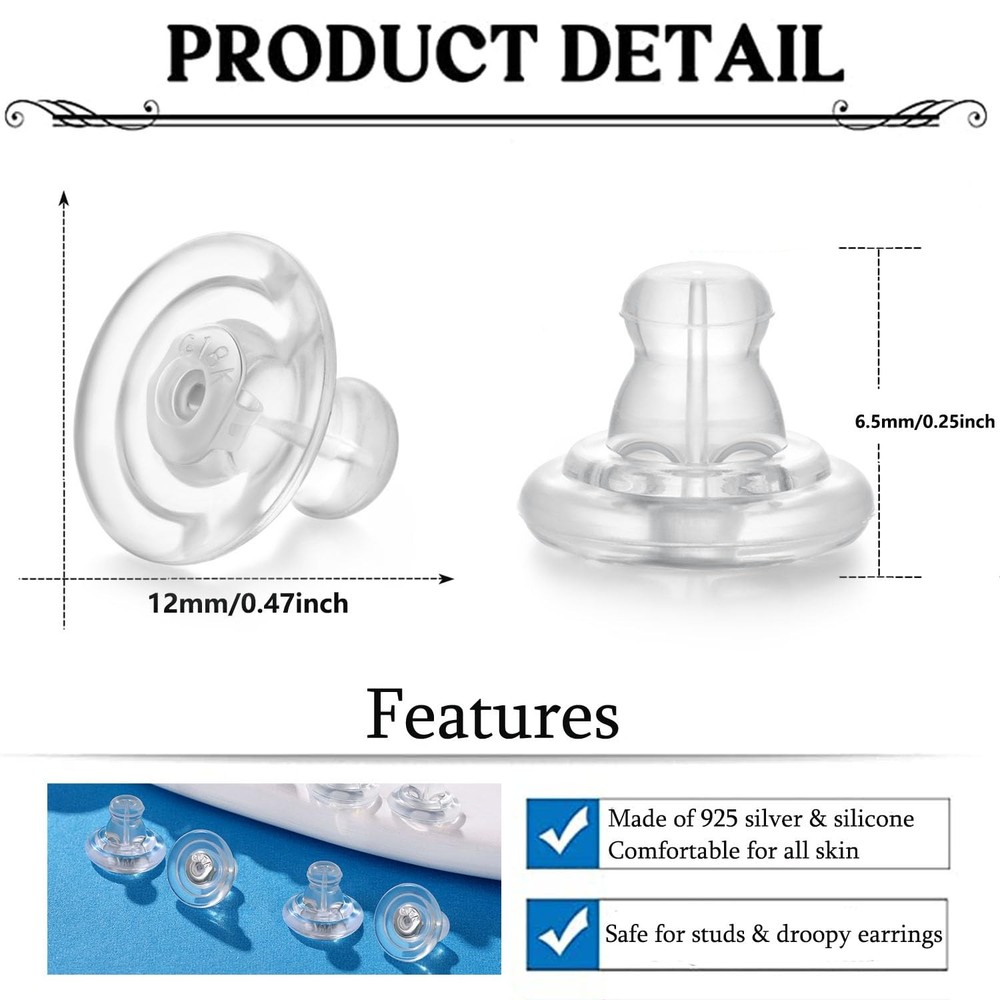 Earring Backs, Silver Silicone Earring Backs Replacements for Studs/Droopy Ea...