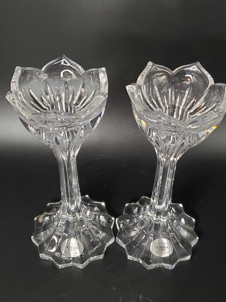 Gorham Pair Full Lead Crystal Lotus Candlesticks Made in Germany