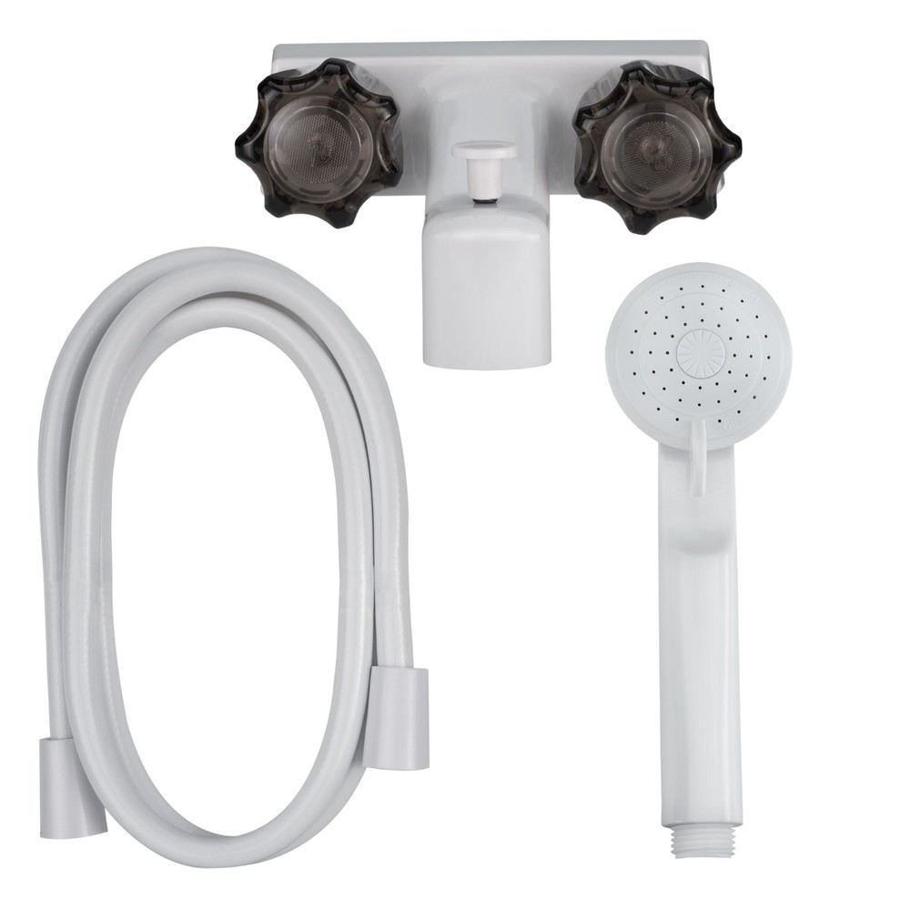 RecPro 4" RV Tub & Shower Diverter Faucet – White/Smoke w/ Shower Head & Hose