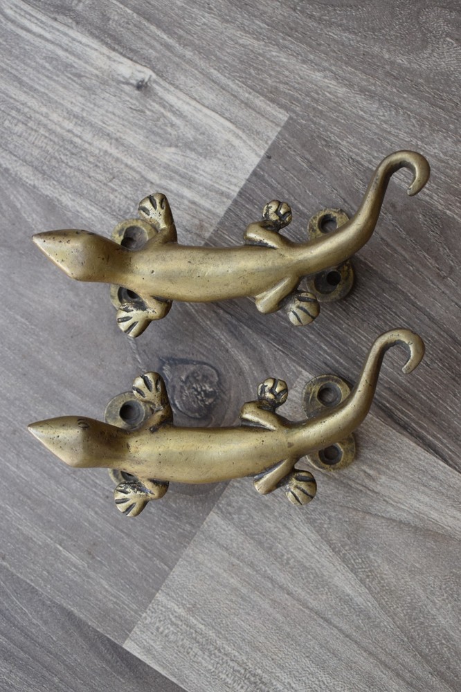 Vintage Brass Door Handle Lizard Heavy Gate Pull Drop Original Handle 2 Pcs