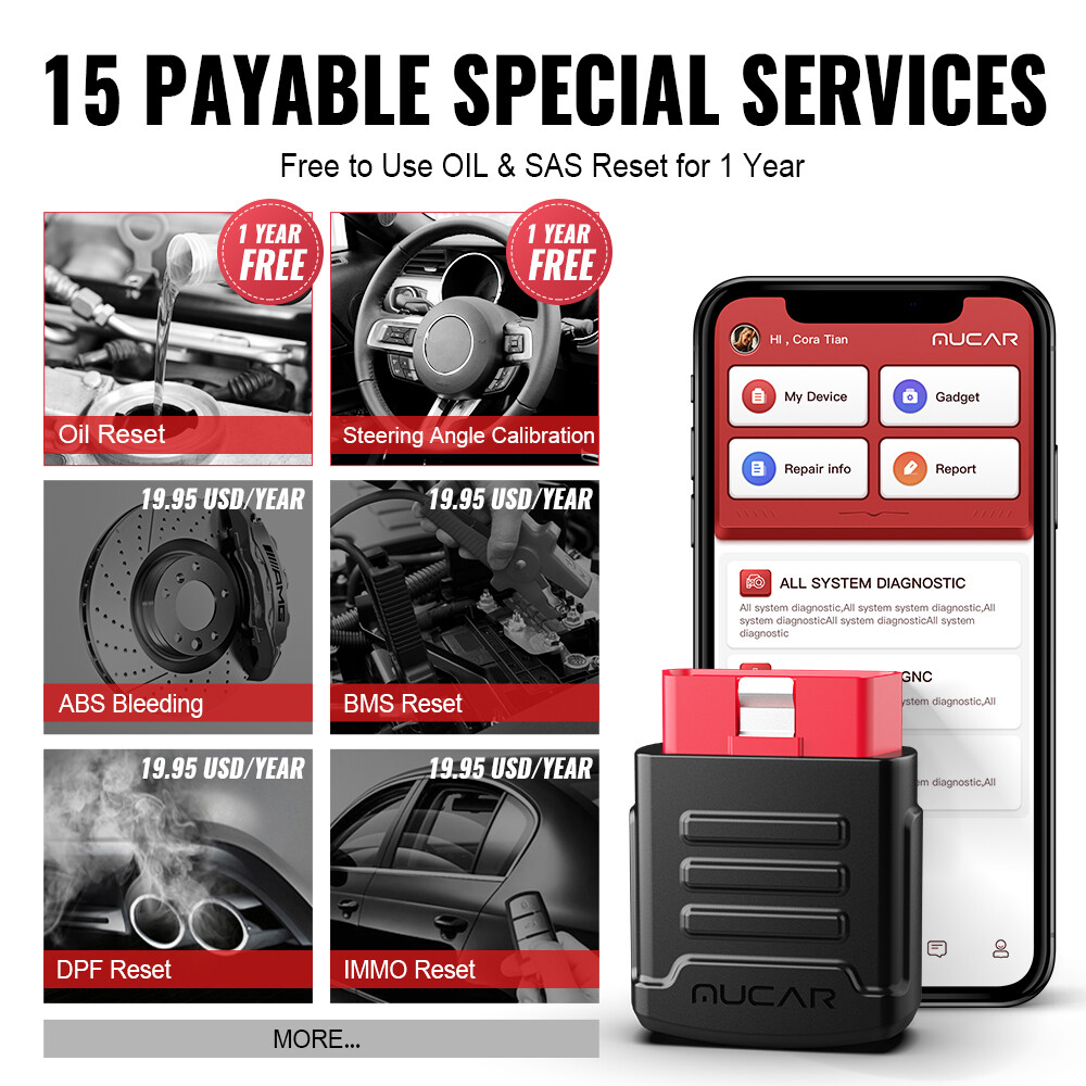 MUCAR BT200 All System Diagnostic OBD2 Code Reader Check Engine Oil & SAS Resets