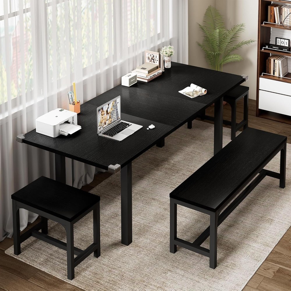 Dining Table Set for 4-8 People Extendable Kitchen Table with Benches Stools