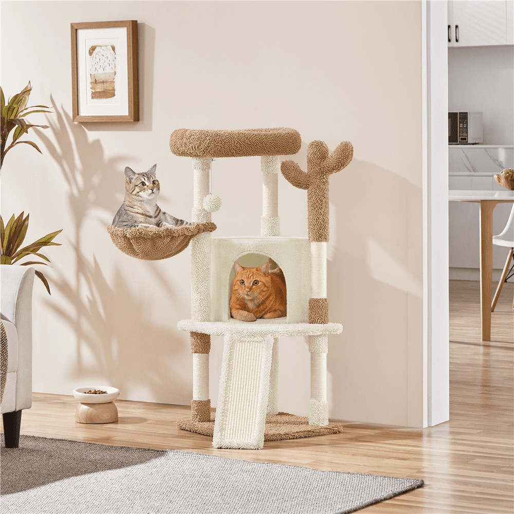 42" Height Cactus Cat Tree W/ Scratching Posts & Platform Beige/Brown