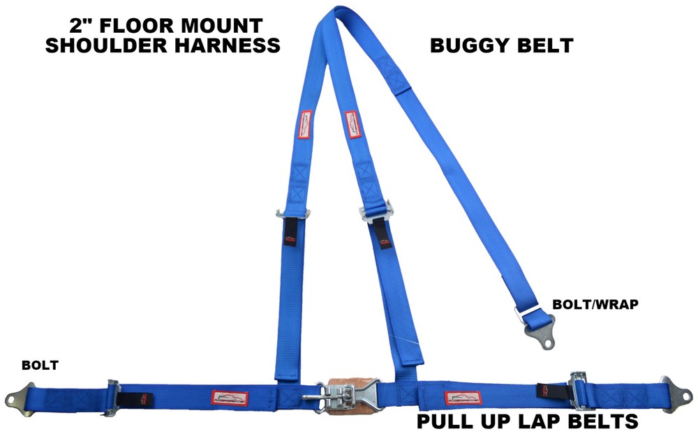 THREE POINT SEAT BELT RACE HARNESS 2" LATCH & LINK PULL UP FLOOR MOUNT BLUE