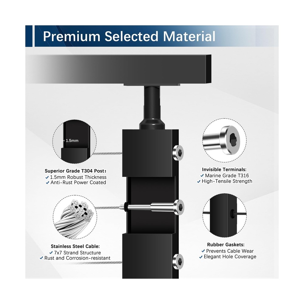 36" One-Stop Cable Railing Post Kit, 5Pack Level Drilled Line Post, Adjustabl...