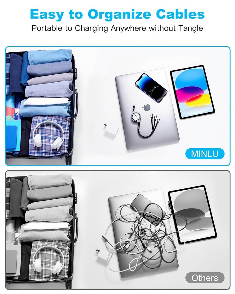 Multi Charging Cable 3A, [2Pack 4ft] Retractable 4 feet, Black,Gray