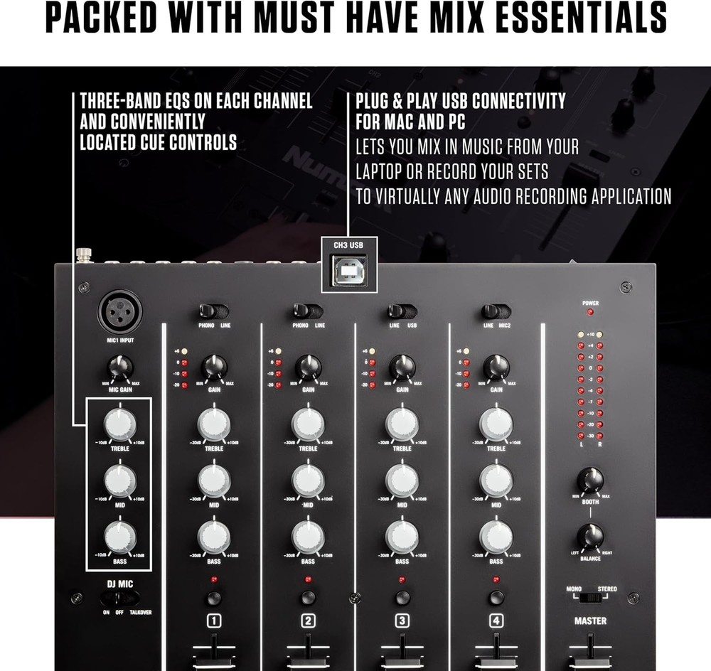 4-Channel USB DJ Mixer with Built-In Interface & Microphone Input – Silverblack