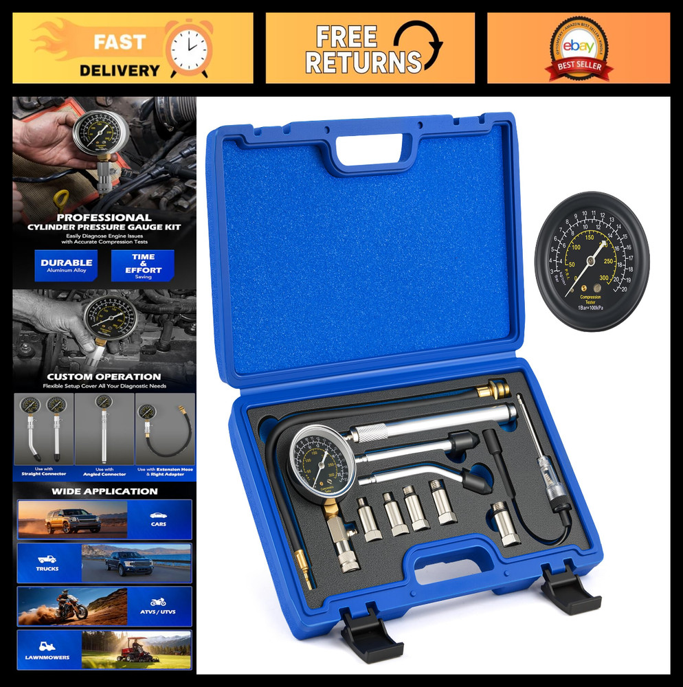 Engine Compression Tester Kit - 11pc Cylinder Pressure Gauge & Spark Plug Tester